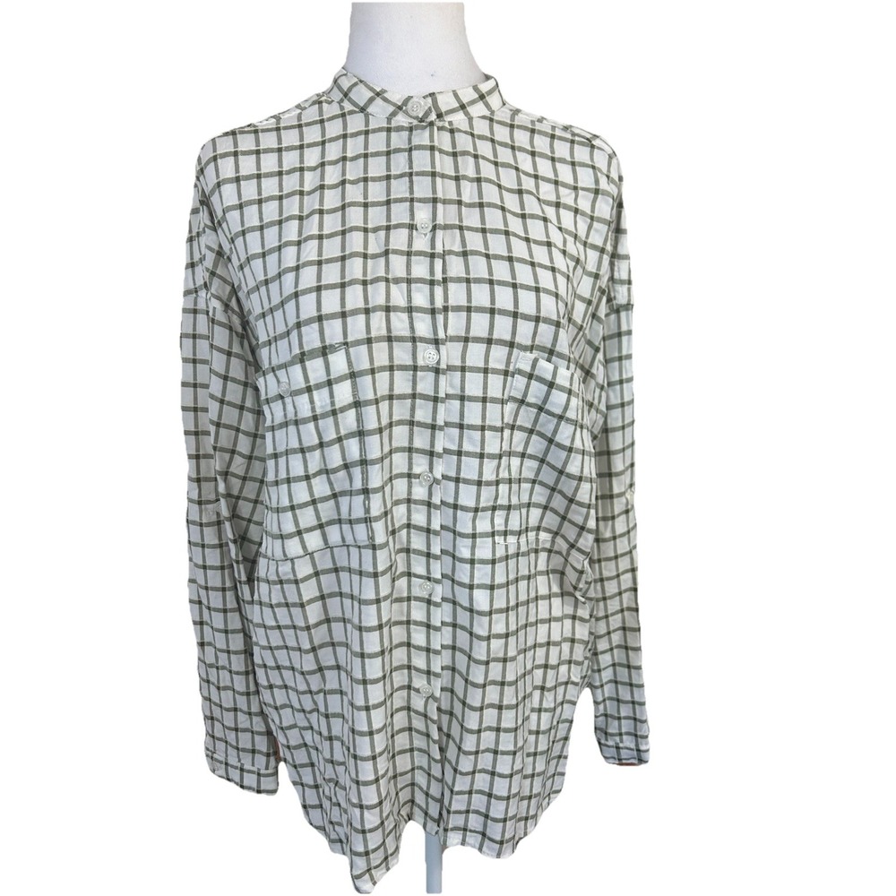 Max Studio Green/White Plalid Button Front Blouse… - image 1